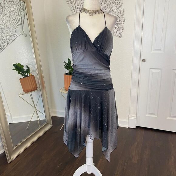 GRACE Silver Black Sequin Glitter Witchy Vampy Asymmetric Gothic Dress L - Picture 2 of 8